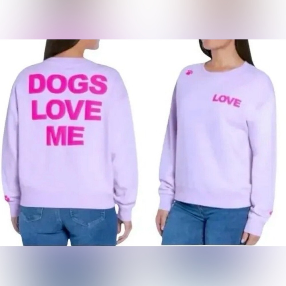 NWT Wildfox Lilac/Pink Dogs Love Me Graphic Crewneck Pullover Sweatshirt Size L